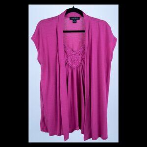 August Silk Womens Pink 2-Fer Vneck Crochet Trim Cap Sleeve Top XL EUC